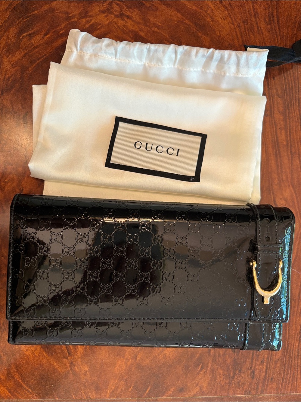 Gucci Black Patent Leather Signature Continental Wallet with Gold Accent